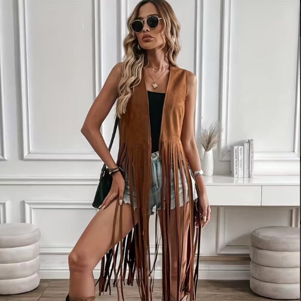 NWOT Y2K Fringe Tassel Vest – V-Neck Sleeveless Layering Top Medium